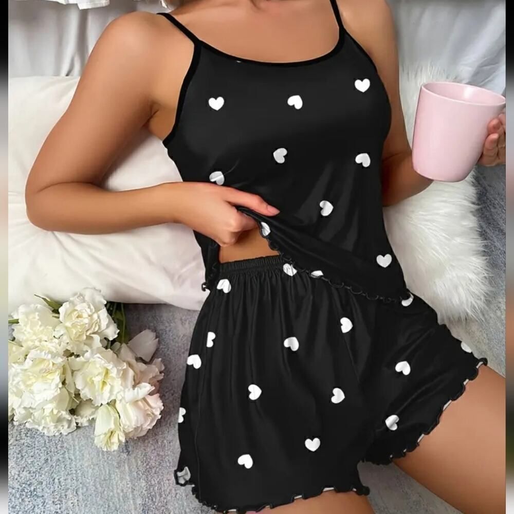Black Heart Print Pajama Set – Stretchy Casual Sleepwear & Cozy Loungewear XL